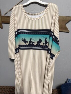 Striped Beige and Turquoise Western-Print Women's Dress